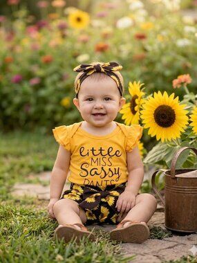 Little Miss Sassy Pants 3‑Piece Outfit • 9–12M • Yellow Top & Sunflower Shorts